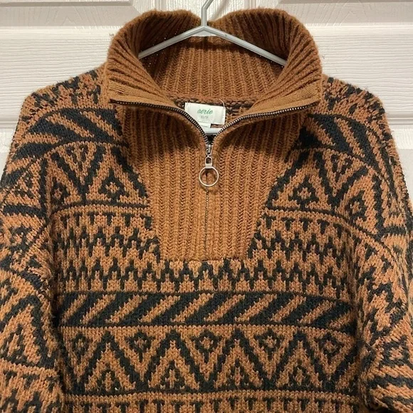 AERIE |Fair Isle | Aztec Pattern | Oversized Quarter Zip |Brown/Black |Size XS - Picture 2 of 16